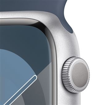 Apple Watch Series 9 GPS 45 mm, boîtier en aluminium argenté avec bracelet sport Bleu tempête M/L