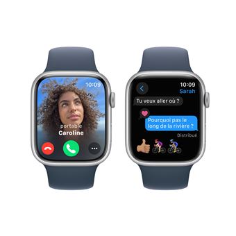 Apple Watch Series 9 GPS 45 mm, boîtier en aluminium argenté avec bracelet sport Bleu tempête M/L