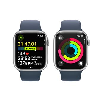 Apple Watch Series 9 GPS 45 mm, boîtier en aluminium argenté avec bracelet sport Bleu tempête M/L