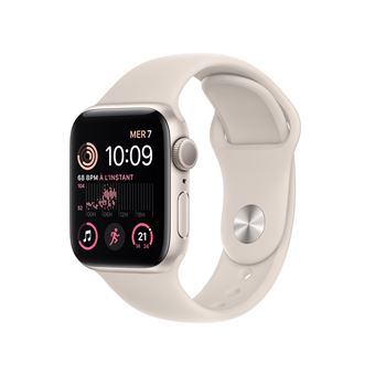 Apple Watch SE GPS 2ème génération, boîtier Aluminium Lumière Stellaire 40mm avec Bracelet Sport Lumière Stellaire