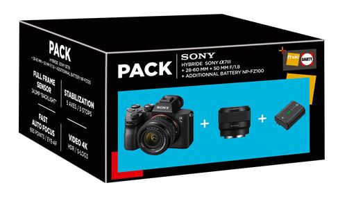 Pack Fnac Appareil photo hybride Sony Alpha 7III + FE 28 60mm f4 5.6 + FE 50mm f1 8 + Batterie additionnelle Sony NP FZ100