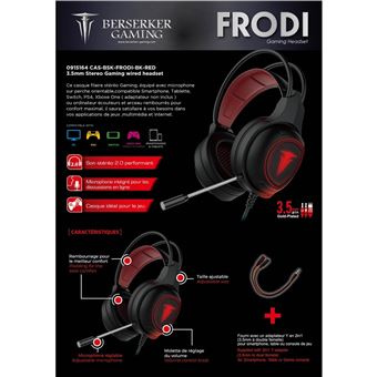 Casque filaire Gaming Alpha Omega Players Berserker Frodi pour PC/PS4/Xbox One/Nintendo Switch/Smartphone/Tablette Noir et Rouge