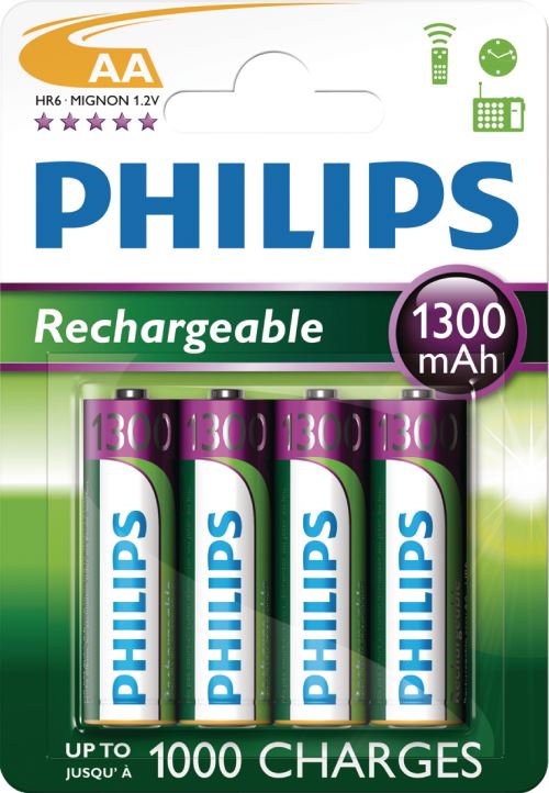 Pack de 4 piles rechargeable Philips AA LR6 1300 mAh