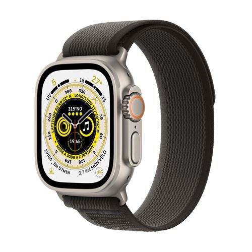 Apple Watch Ultra + Cellular, boîtier Titane 49mm avec Boucle Trail Noir / Gris Taille M/L État correct - Apple reconditionné disponible sur Fnac