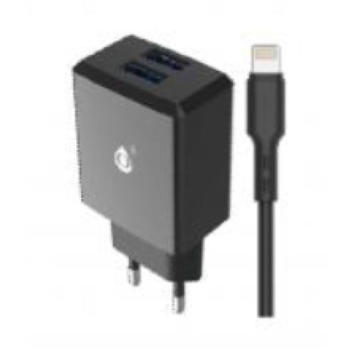 Chargeur Dual USB 2 ports One+ Noir pour iPhone 8 X 12 et 13 + Câble