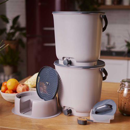Lot De 2 Composteurs Skaza Bokashi Essential 101859 15,3L Avec 1 Kg De Brain Et 1 Base Gris
