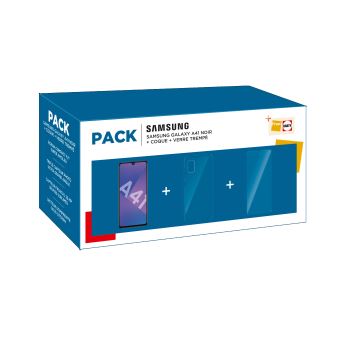 Pack Smartphone Samsung Galaxy A41 Double SIM 64 Go Noir Prisme + Coque de protection Transparent + Protection d'écran en verre trempé