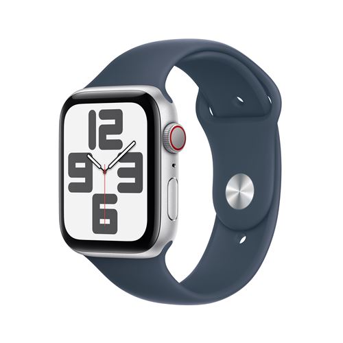 Apple Watch SE GPS + Cellular Boîtier en Aluminium Argent de 44 mm avec Bracelet Sport Bleu Orage S/M