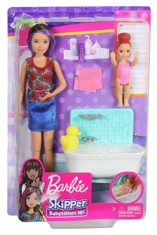 Barbie Famille Coffret Heure Du Bain Poupée Skipper Baby-Sitter Aux Cheveux Châtains Et Figurine D'Enfant, Accessoires Inclus, Jouet Pour Enfant, Fxh05