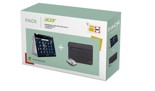 Pack Chromebook Acer Spin 314 CP314-1HN-C7U6 14’’ Ecran tactile Intel Celeron 8 Go RAM 64 Go eMMC Gris Argent + Souris sans fil + Housse