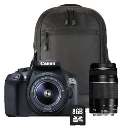 Reflex Canon EOS 1300D + Objectif 18-55 III + 75-300 III + Sac à dos + Carte SD 8Go
