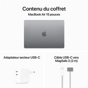 Apple MacBook Air 15,3'''' 512Go SSD 16Go RAM Puce M3 CPU 8 cours GPU 10 cours Gris sideral Nouveau