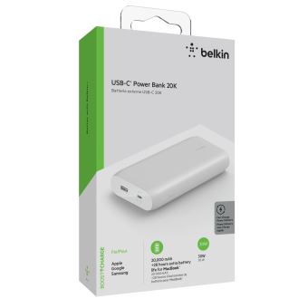 Belkin BOOST CHARGE - Mobiele oplader - 20000 mAh - 30 Watt - Fast Charge, PD - 2 uitgangsaansluitingen (USB, 24 pin USB-C) - wit - Fnac.be - Chargeur téléphone mobile