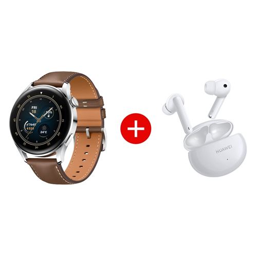 Pack Montre connectée Huawei Watch 3 Classic bracelet en cuir Marron + Ecouteurs sans fil Bluetooth 