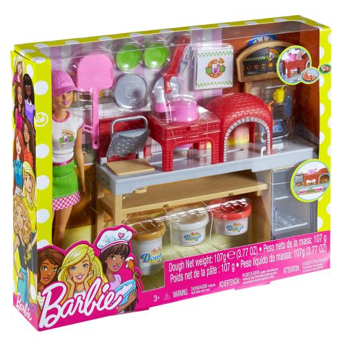 accessoires pour repas et trois pots de pâte à modeler FHR09 Barbie Métiers poupée pizzaïola avec kit pizzeria comprenant four jouet pour enfant 