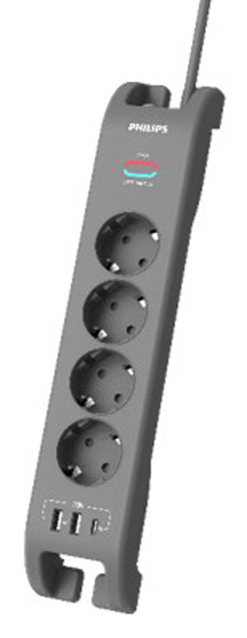 Parafoudre parasurtenseur 4 prises Philips avec 2 USB Type-A + 1 USB Type C 2 m Gris