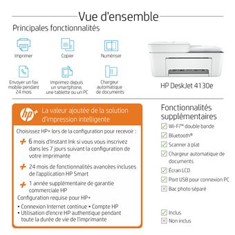 Imprimante multifonction Tout-en-un HP DeskJet Plus 4130e Blanc Reconditionné