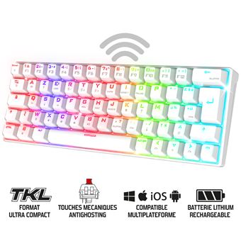 XPERT K200 : Clavier MECANIQUE SANS FIL Triple Mode  RGB  RECHARGEABLE /   TKL 60%  / 64 Touches meca red Switch  / 100% ANTI-GOSTING  / Connexion RF 2,4GHz, + Bluetooth +USB /  Comp Windows10 / Mac OS / iOS / Android