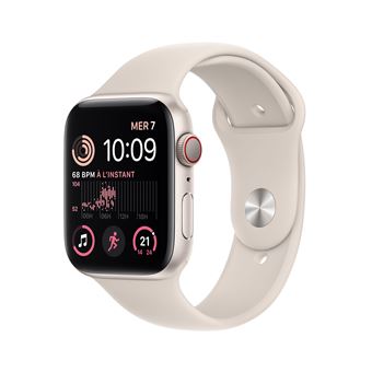 Apple Watch SE GPS + Cellular 2ème génération, boîtier Aluminium Lumière Stellaire 44mm avec Bracelet Sport Lumière Stellaire