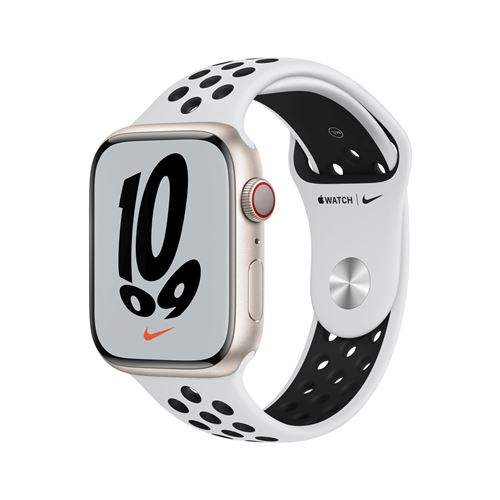 Apple Watch Nike Series 7 GPS + Cellular, boîtier Aluminium Lumière Stellaire 45mm avec Bracelet Nike Sport Platinium Pur Noir