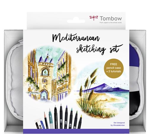 Set Sketching Tombow France et Benelux Méditerranéen de 1 trousse 1 crayon 6B 1 gomme 1 feutre et 5 ABT Brush et pinceau