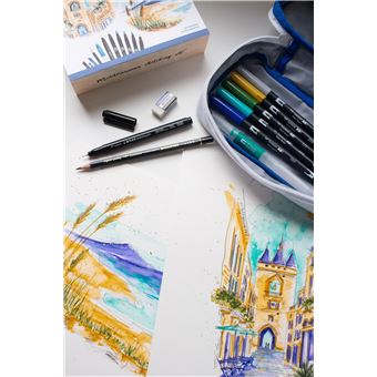 Set Sketching Tombow France et Benelux Méditerranéen de 1 trousse 1 crayon 6B 1 gomme 1 feutre et 5 ABT Brush et pinceau