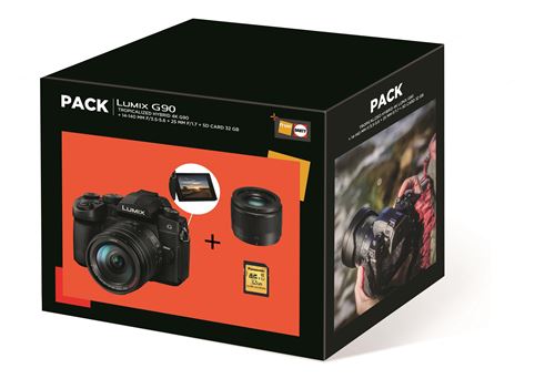 Pack Fnac Appareil photo hybride Panasonic Lumix G90 noir + G Vario 14-140mm f/3.5-5.6 Asph + Lumix G 25 mm f/1.7 + Carte SD 32 Go