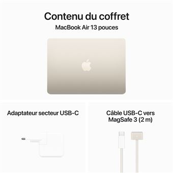 Apple MacBook Air 13,6'''' 512Go SSD 16Go RAM Puce M3 CPU 8 cours GPU 10 cours Lumière stellaire Nouveau