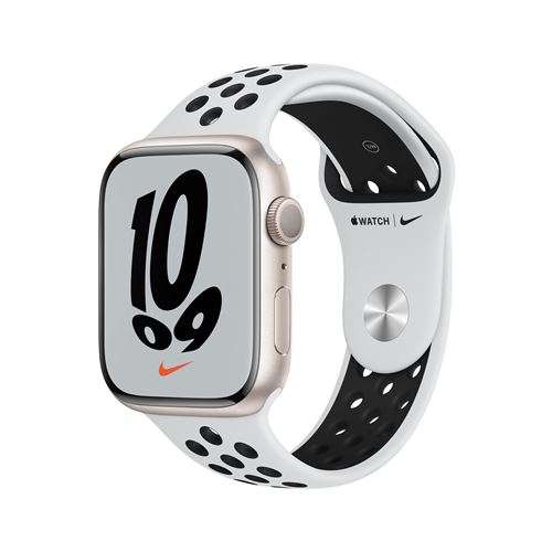 Apple Watch Nike Series 7 GPS, boîtier Aluminium Lumière Stellaire 45mm avec Bracelet Nike Sport Platinium Pur Noir
