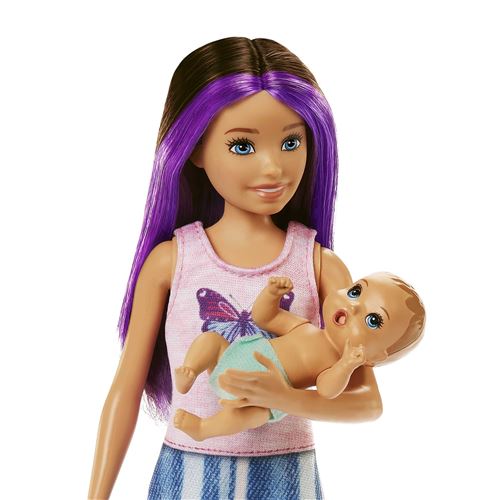 Barbie Coffret poupée Skipper Baby-Sitter brune, avec figurine de bébé et 5  accessoires, Jouet Enfant, Dès 3 ans, HJY31 : : Jeux et Jouets