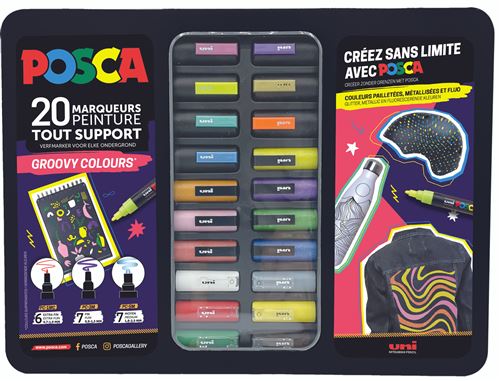 Malette Posca avec 20 Groovy Couleurs Métal Noir