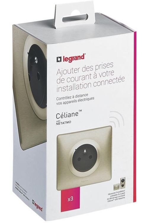 Pack de 3 prises de courant connectées Legrand Céliane with Netatmo Métal Titane avec plaque