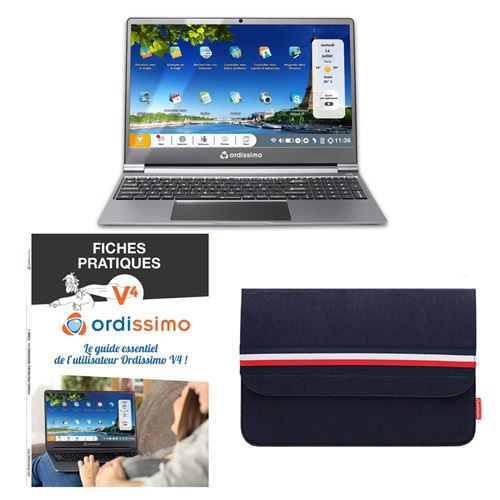 Pack PC Portable Ordissimo sénior Sarah 15.6 Intel Celeron 4 Go RAM 128 Go SSD Gris métallisé + Guide fiches pratiques + Pochette de transport