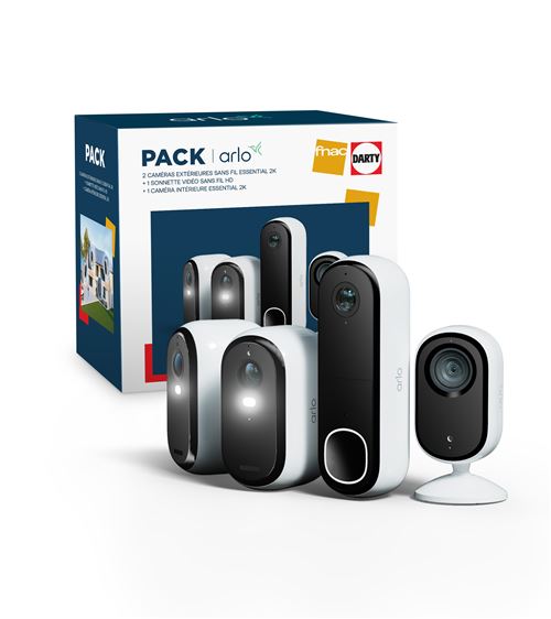 Pack Fnac 2 Caméras de surveillance Arlo Essential extérieure Blanc + 1 Caméra de surveillance Essential intérieure Blanc + 1 Sonnette vidéo sans fil HD Blanc