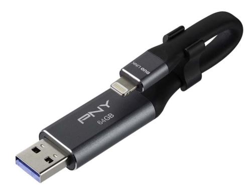 Clé USB OTG PNY Duo-Link 3.0 64 Go Grise et noire pour iPhone et iPad