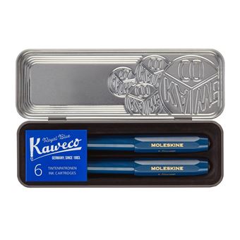 Coffret boite metallique Kaweco stylo plume bleu + stylo bille bleu + cartouches d''encre