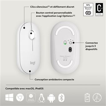 Souris sans fil Bluetooth Logitech Pebble Mouse 2 M350s Blanc