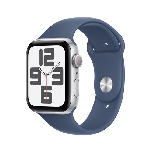 Apple Watch SE GPS 44 mm Boîtier en Aluminium Argent avec Bracelet Sport Denim M/L version 2024
