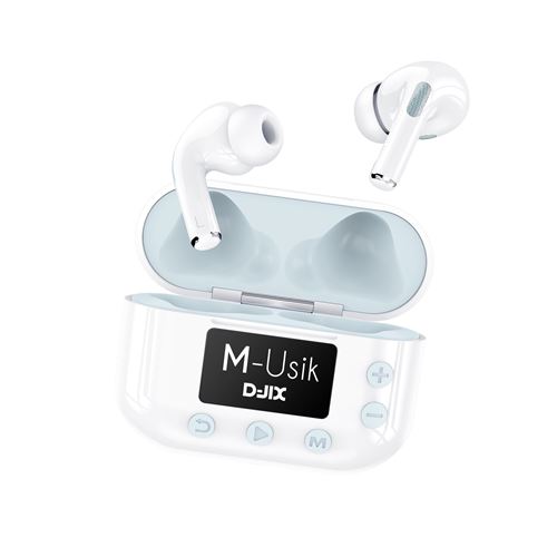 Ecouteurs sans fil 2 en 1 + MP3 Djix M-Usik Bluetooth True Wireless Blanc et bleu