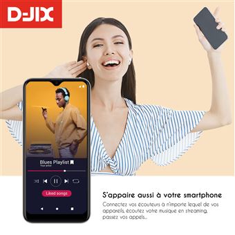 Ecouteurs sans fil 2 en 1 + MP3 Djix M-Usik Bluetooth True Wireless Blanc et bleu