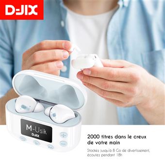 Ecouteurs sans fil 2 en 1 + MP3 Djix M-Usik Bluetooth True Wireless Blanc et bleu