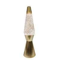 Lampe à lave Fisura à poser Bullet avec base en or mat, liquide transparent et lave scintillante dorée