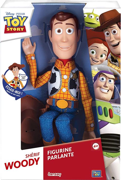 Toy story 4 , Jouet figurine Woody ( 40 cm) parlant en français + Buzz l' éclair ( 30 cm ) avec casque parlant 10 phrases cultes en français .  Lansay.
