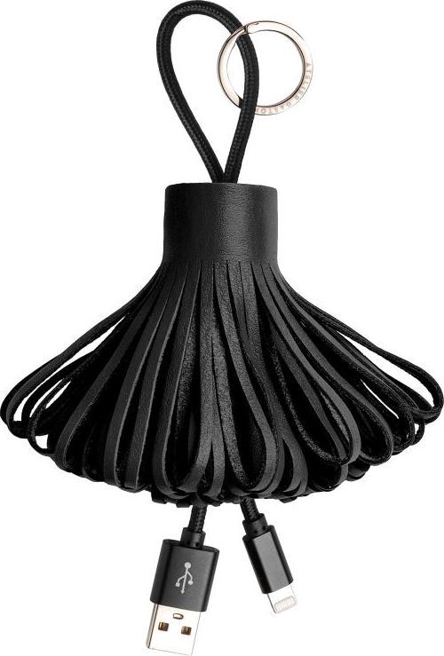 Câble écoresponsable de charge Atelier Gaston Lightning avec pompom en cuir Noir et anneau de porte-clé pour iPhone