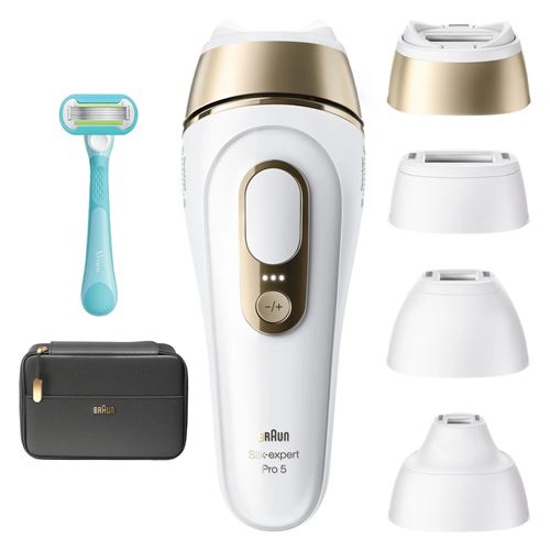 Epilateur Ipl Braun Silk Expert Pro 5 Pl5431 - 400000 Impulsions, 3 Intensités, 4 Têtes, Blanc/Or