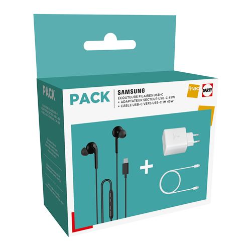 Pack Ecouteurs Filaires Intra-Auriculaires Samsung Blanc + Adaptateur Secteur 45W Blanc + Câble Usb-C Vers Usb-C 1 M Blanc