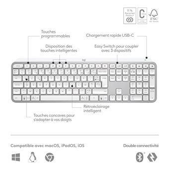 Clavier Sans Fil Azerty Logitech MX Keys S Gris pâle