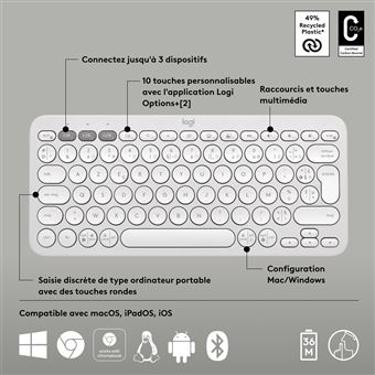 Clavier sans fil Bluetooth Azerty Logitech Pebble Keys 2 K380s Blanc