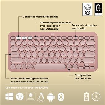 Clavier sans fil Logitech Pebble Keys 2 K380s Bluetooth Rose