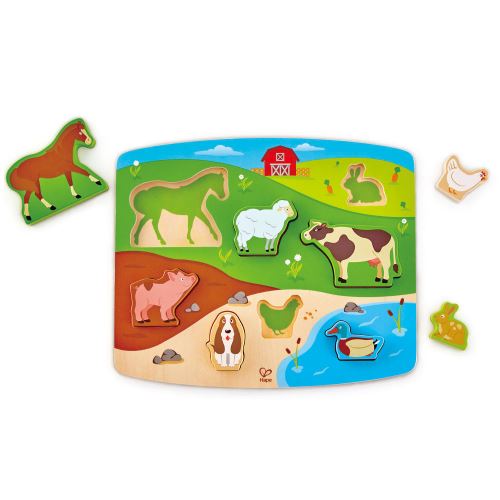 Hape E1454 Farm Animal Wooden Puzzle and Play Board5'' x 2'',2 in 1